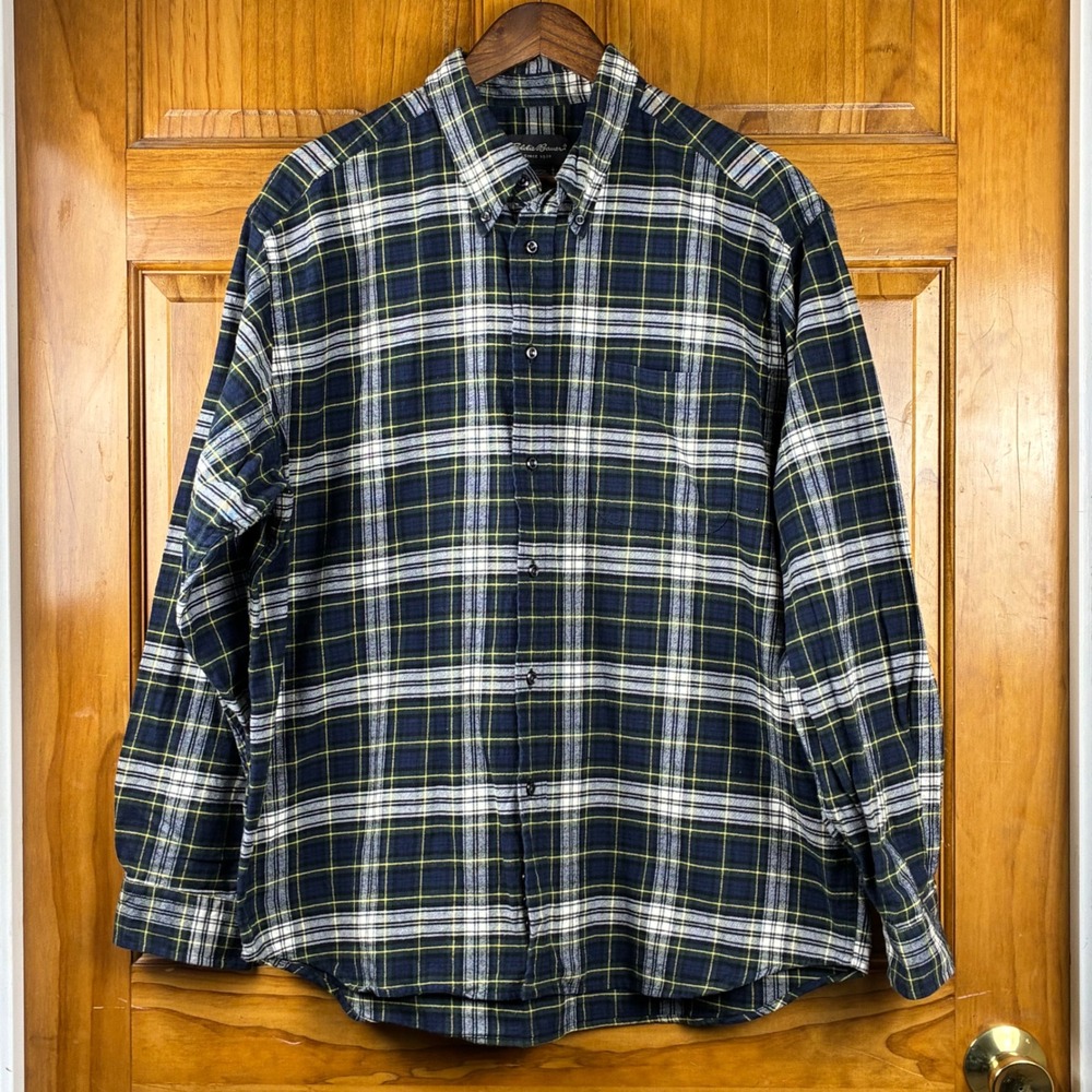 Eddie Bauer Mens Blue Green Yellow Plaid Flannel Shirt 100% Cotton Large
